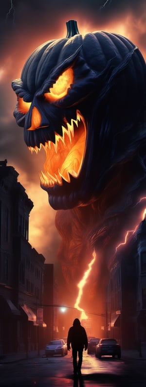 hyper realistic, giant carved pumpkin monster breathing fire onto city night buildings, lightning, movie poster, cinematic,