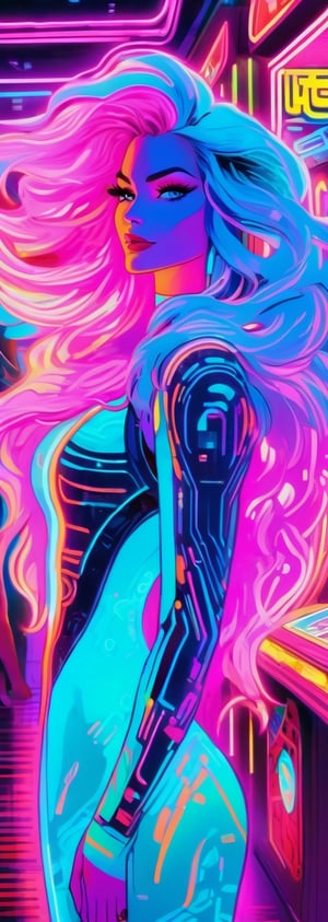 A highly detailed pastel neon scifi painting of a luscious woman with flowing hair in a futuristic hightech arcade timelapsed colorful effects.