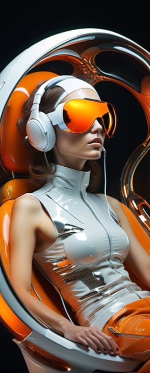 The image features a woman in futuristic attire, donning white headphones and mirrored orange visor-style sunglasses. She reclines in a state-of-the-art chair, surrounded by sleek, flowing lines and reflections of amber and chrome, suggesting an advanced, perhaps space-bound, setting