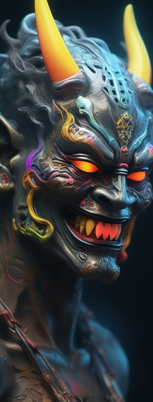 Watercolor portrait of a roaring neon hannya with iridescent black markings and a CYBERNETIC hannya face, perfect composition, hyperrealistic, super detailed, 8k, high quality, trending art, trending on artstation, sharp focus, studio photo, intricate details, highly detailed, by greg rutkowski, illustration, watercolor, yuji shinkawa