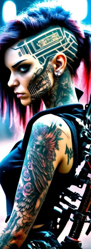 Beautiful cyberpunk female with tattoos, apocalyptic, swords, guns, fire, anatomical, dark, gothic, mech, angel wings, battle backgrounds