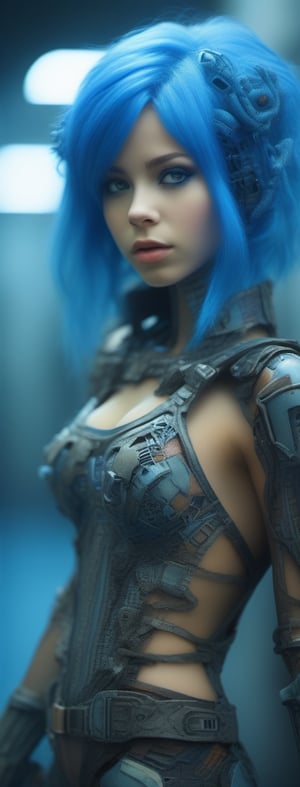 Macro photo of futuristic humanoid girl with blue hair in wide ratio