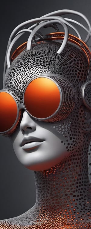 a woman wears and wears black dots on her head, in the style of futuristic fantasy, 3d, metallic sculpture, elegant, emotive faces, dark Orange and red and light silver,her eyes wearin a futuristic sun glasses algorithmic artistry, high resolution