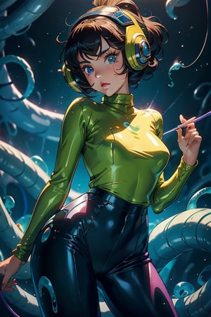 
1 girl,tight suit,Space helm of the 1960s,and the anime series G Force of the 1980s,1girl, tentacles, slime \(substance\), dripping, 
sweater, skirt, pantyhose,arm grab,, masterpiece, best quality, highly detailed