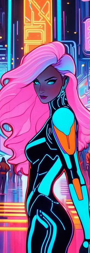 A highly detailed pastel neon scifi painting of a luscious woman tron clothes theme futuristic hightech arcade timelapsed colorful effects.