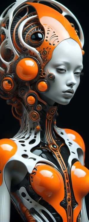 ma black and white, futuristic woman in an orange dress, in the style of highly stylized figures, cybergoth, naoto hattori, 8k 3d, botticelli-esque figures, shiny/glossy, luminescent color scheme