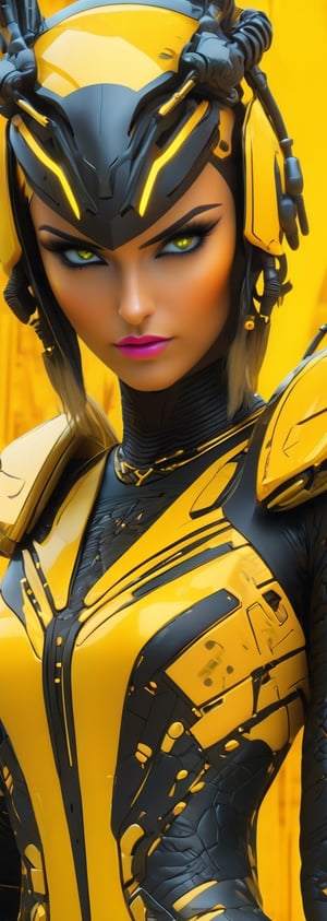 a woman dressed is a yellow and black dress with a helmet, in the style of cyberpunk realism, zbrush, argus c3, made of insects, industrial machinery aesthetics, shiny eyes, high definition