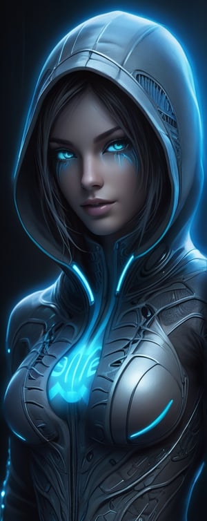 realistic, 1girl, In a futuristic metropolis, a mesmerizing figure emerges from the shadows wearing a bioluminescent hoodie, their face glowing with intricate details and captivating eyes that hint at a mysterious cybernetic world, detailed eyes, cleavage, collarbone