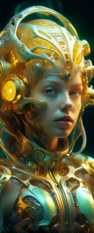 Create a mesmerizing Image of a gorgeous young adult scifiastronaut  woman stunning, Intense depiction of  a girl, her face and body covered in intricate detailed complex 3D fractal technology, highlighted in glowing neons and gold color, set against a contrasting detailed environment, deep bright detailed piercing eyes, a beautiful woman carries a secret, 3D image effects , intricate beautiful award winning fantastic view ultra detailed high definition focused on a scy fy fantasy realm, distorted time lapse, wide landscape mode, ISO 1500, Aperture f/2.5, APS-C, Splash art, dark fantasy art, stunning bokeh, super detailed, 64k, high quality perfect lighting, perfect shadows. in 4k