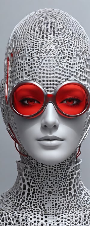 a woman wears and wears black dots on her head, in the style of futuristic fantasy, 3d, metallic sculpture, elegant, emotive faces, dark white and red and light silver,her eyes wearin a futuristic sun glasses algorithmic artistry, high resolution