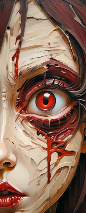 oilpaint on carboard grooves of a anime girl with big red eyes, in the style of dark maroon and light beige, horror-inspired, clamp, exaggerated facial features, dark beige and crimson, alex ross, animated exuberance