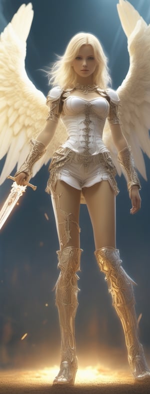 Blonde haired angel standing on a battle field wielding a holy weapon.
