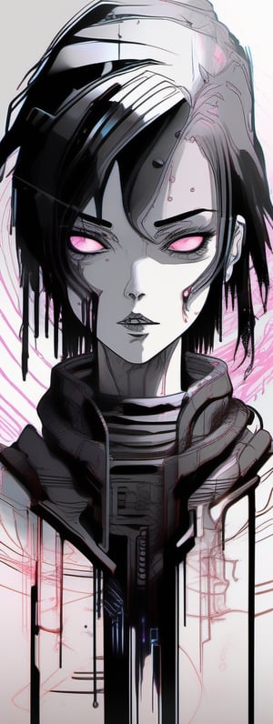 Inspired by Valorant concept art. A 4k of a grungy sketch of a cyberpunk anime girl drawn in a stylized yet simple drawing style. There appear to be shadows or dark energy radiating from her. It looks like an anime movie poster. The sketch does not look realistic but rather simple and stylized but still looks high quality and high resolution with very defined lines. She has short black hair and pretty and very large black eyes with no color.