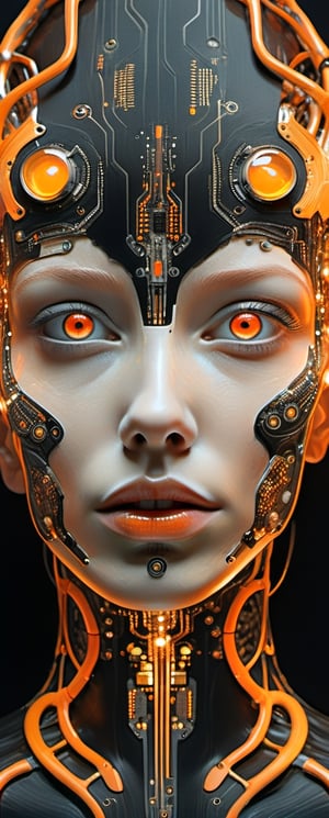 Art piece of a woman with Caucasian descent, her refined cybernetic face accentuated with bright orange eyes, against a deep black canvas featuring sparkling tech circuits. The metal-clad face melds impeccably with the digital components, expressing an atmosphere of high-tech and mysticism.