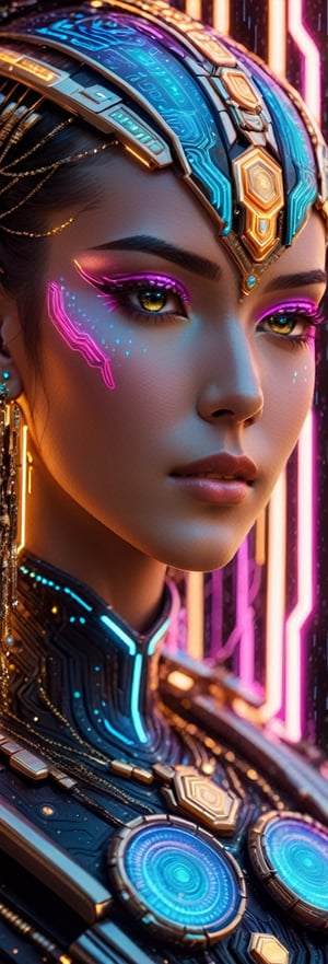 Macro photo showcasing a close-up of a futuristic, humanoid figure's face, adorned with intricate jewelry and electronic interfaces. Her gaze is intense, and her skin glows with a mix of natural and neon hues. The detailed view reveals cascading digital rain and illuminated lines, enhancing the cybernetic ambiance. in wide ratio