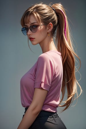 1girl, solo, long hair, looking at viewer, bangs, blue eyes, blond hair, simple background, shirt, jewelry, closed mouth, upper body, ponytail, white hair, short sleeves, earrings, blunt bangs, from the side, pink colored background, sunglasses, pink shirt, colored glasses, pink theme, pink sweater, pink knee-length skirt,Gold Edged Black Rose,Butterfly Style