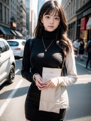 background is New York,street, 18 yo, 1 girl, beautiful korean girl, big eyes, wearing tight black dress(turtle neck,simple,long sleeves), black long boots, shy smile, solo, {beautiful and detailed eyes}, dark eyes, big breasts, calm expression, delicate facial features, ((model pose)), Glamor body type, (dark hair:1.2), simple tiny earrings, simple tiny necklace, very_long_hair, hair past hip, bangs, curly hair, flim grain, realhands, masterpiece, Best Quality, 16k, photorealistic, ultra-detailed, finely detailed, high resolution, perfect dynamic composition, beautiful detailed eyes, eye smile, ((nervous and embarrassed)), sharp-focus, full_body, cowboy_shot