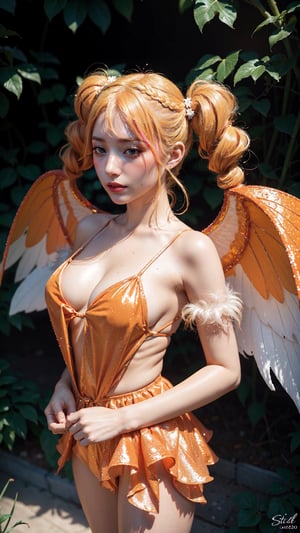professional photo of Stella, FairyOutfit, twintails, long low pigtails, fairy wings, orange outfit, glittery clothes, sparkling clothing, blonde hair, detailed skin, detailed eyes, finely detailed hair, volumetric light, highrez, masterpiece, best quality, 
