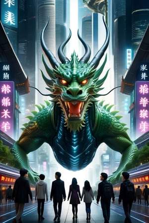 create an image with different people, aliens, fantastic magical beings walking in the center of an futuristic urban city,Chinese Dragon,more detail XL