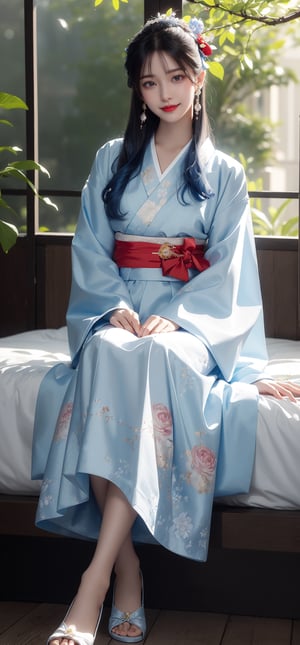 (masterpiece), realistic, far to shot full body to feet image 80s Japanese female, high quality, 8K Ultra HD, photorealistic has a fully detailed mature face, Realistically not Ai, 36D big Japanese female, NATURAL, pretty and charming, detailed face, big_breast, ((is a beautifull girl wearing a floral hanbok, bokjumuni, sitting on a bed and shockings)), little_cute_girl, Miss Grand International, mature female, Realism, (smile face), (blue hair), YAMATO, small earrings, small necklace, ((smile:1.2)), (red lips), long legs, slim legs, (good quality eye spacing), sex posing, Buns and bangs, digital painting, fantasy, hidden forest, centered big tree, [glowing crystals], flowers, petal, (night time), hanbok, bokjumeoni,hanbok,bokjumeoni,Realism
