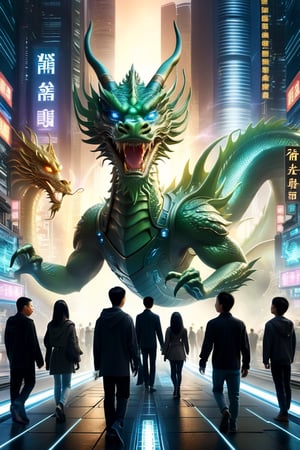 create an image with different people, aliens, fantastic magical beings walking in the center of an futuristic urban city,Chinese Dragon,more detail XL
