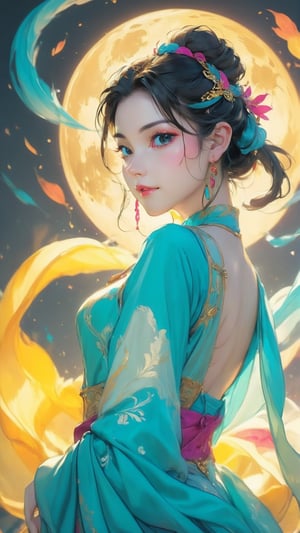 masterpiece,best quality,(photorealistic:1.4),(Ding Xianghua:1.4),(Glowing ambiance, enchanting radiance, luminous lighting, ethereal atmosphere, mesmerizing glow, evocative hues, captivating coloration, dramatic lighting, enchanting aura),ink painting,((moon:1)),(masterpiece, top quality, best quality, official art, beautiful and aesthetic:1.2),(1girl:1.4),extreme detailed,(joshua middleton comic cover art:1.1),(Action painting:1.2),(concretism:1.2),theater dance scene,(hypermaximalistic:1.5),colorful,highest detailed,,