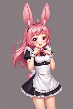 The pink bunny girl system, a system in which women dress as cute, pink bunnies. In this visually striking image, a delicate, pink bunny girl is depicted with intricate lace details on her outfit, a fluffy tail, and exaggerated, kawaii makeup. The image appears to be a detailed digital painting, showcasing the immaculate skill and attention to detail of the artist. The soft pastel colors and whimsical details create a whimsical and enchanting atmosphere. This high-quality image exudes charm and fantasy, drawing viewers into a world of playful innocence and femininity.,Maid uniform