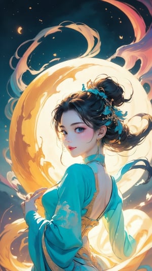 masterpiece,best quality,(photorealistic:1.4),(Ding Xianghua:1.4),(Glowing ambiance, enchanting radiance, luminous lighting, ethereal atmosphere, mesmerizing glow, evocative hues, captivating coloration, dramatic lighting, enchanting aura),ink painting,((moon:1)),(masterpiece, top quality, best quality, official art, beautiful and aesthetic:1.2),(1girl:1.4),extreme detailed,(joshua middleton comic cover art:1.1),(Action painting:1.2),(concretism:1.2),theater dance scene,(hypermaximalistic:1.5),colorful,highest detailed,,