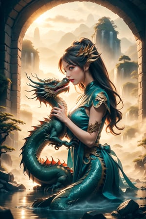 a fantasy scene depicting a young girl tenderly kissing a majestic Chinese dragon, surrounded by a mystical environment with ethereal lighting, the dragon is elegant with intricate scales, the girl is in traditional Chinese attire, the background is a celestial landscape with vibrant colors and mythical atmosphere, dynamic composition, ultra highres