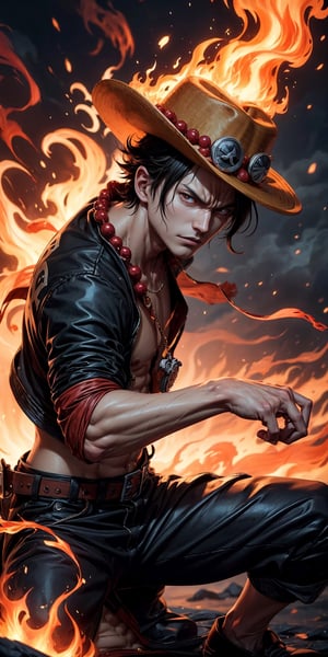 Create the iconic One Piece character, Portgas D. Ace:

"Visualize the legendary Portgas D. Ace, a prominent character from the One Piece anime. He possesses a lithe and muscular physique, reflecting his formidable strength.

Ace is clad in his signature attire, wearing a stylish hat that adds to his iconic appearance. His defining ability is his mastery over fire, and his hands should be ablaze with flickering flames, showcasing his power to manipulate fire at will.

Set him against a background of raging fire, with flames dancing in the backdrop, creating an inferno-like atmosphere. The flames should emphasize his fiery abilities and his unwavering resolve.

Capture this image to pay homage to Portgas D. Ace's character, showcasing his powerful presence and his association with the element of fire, a central theme in his story arc within the One Piece series." ((Perfect face)), ((perfect hands)), ((perfect body)), [perfect image of Portgas D. Ace(one piece anime character)]