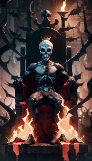 Animate a bone-chilling Halloween-style scene featuring a scary, sinister undead king with a burning skull face. Envision the king seated on a throne, slowly smiling, and as he does, his entire body starts to glow and burn in an eerie manner. Request a super-scary animation with emphasis on slow, haunting movements to enhance the Sinister Halloween atmosphere. Create a spine-chilling masterpiece capturing the terrifying essence of this animated burning skull undead king, ((duration time 15 second animation)), high detailed animation, 