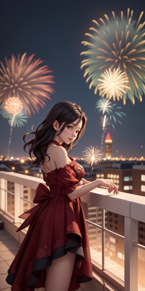 Bring to life a captivating moment on a rooftop for New Year's Eve. Picture a beautiful girl and a handsome boy standing together, gazing at the night sky adorned with dazzling fireworks. Craft a visually stunning image that captures the magic of the moment, blending the warmth of their connection with the spectacular backdrop of the New Year's celebration. Ensure the scene radiates romance and joy, symbolizing the promise of a wonderful year ahead.