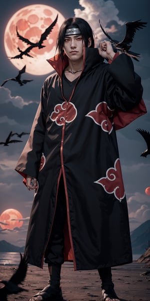 Imagine an extraordinary image featuring Itachi Uchiha, the iconic character from Naruto. Envision him in his Akatsuki outfit, with red eyes, long black hair, a strong physique, and a dynamic pose. Specify a background with a red moon, his ninja headband, and the perfect touch of crows flying. Request meticulous attention to detail in capturing Itachi's strong personality. Aim for a visually stunning composition that encapsulates the essence of Itachi Uchiha in this iconic Naruto setting.