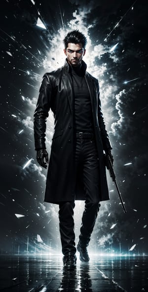  1man, muscular mechanical body, glowing blue eyes, black-hair, leather long coat, holding hitech shotgun, 