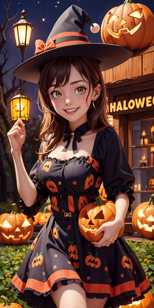 Imagine and create a delightful Halloween-style image featuring a beautiful girl adorned in an enchanting dress, joyfully holding a pumpkin and smiling. Capture the festive and charming atmosphere of Halloween with attention to detail in her pumpkin printed dress, expression, and the pumpkin she holds. Request high-detail rendering to bring out the beauty and cheerfulness in this Halloween-themed image, making it a delightful portrayal of the season