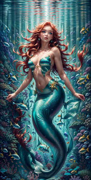 "Craft an exquisite image of a beautiful mermaid gracefully submerged in crystalline waters, her flowing iridescent tail reflecting the play of light. Surround her with an underwater tableau of stunning coral reefs, swaying aquatic plants, and a kaleidoscope of colorful fishes that weave through the aquatic tapestry, creating a mesmerizing and vibrant underwater world.",Mermaid, perfect deep blue eyes, perfect hairs, perfect face, perfect mermaid body, perfect underwater background,