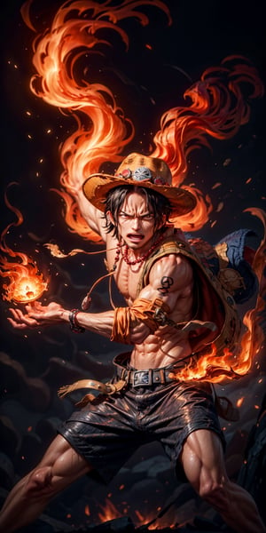 Create the iconic One Piece character, Portgas D. Ace:

"Visualize the legendary Portgas D. Ace, a prominent character from the One Piece anime. He possesses a lithe and muscular physique, reflecting his formidable strength.

Ace is clad in his signature attire, wearing a stylish hat that adds to his iconic appearance. His defining ability is his mastery over fire, and his hands should be ablaze with flickering flames, showcasing his power to manipulate fire at will.

Set him against a background of raging fire, with flames dancing in the backdrop, creating an inferno-like atmosphere. The flames should emphasize his fiery abilities and his unwavering resolve.

Capture this image to pay homage to Portgas D. Ace's character, showcasing his powerful presence and his association with the element of fire, a central theme in his story arc within the One Piece series." ((Perfect face)), ((perfect hands)), ((perfect body)), [perfect image of Portgas D. Ace(one piece anime character)],perfecteyes,Elemental