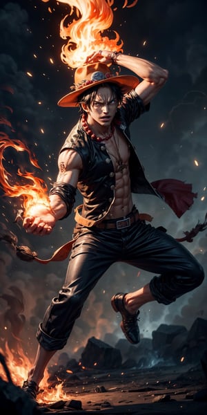 Create the iconic One Piece character, Portgas D. Ace:

"Visualize the legendary Portgas D. Ace, a prominent character from the One Piece anime. He possesses a lithe and muscular physique, reflecting his formidable strength.

Ace is clad in his signature attire, wearing a stylish hat that adds to his iconic appearance. His defining ability is his mastery over fire, and his hands should be ablaze with flickering flames, showcasing his power to manipulate fire at will.

Set him against a background of raging fire, with flames dancing in the backdrop, creating an inferno-like atmosphere. The flames should emphasize his fiery abilities and his unwavering resolve.

Capture this image to pay homage to Portgas D. Ace's character, showcasing his powerful presence and his association with the element of fire, a central theme in his story arc within the One Piece series." ((Perfect face)), ((perfect hands)), ((perfect body)), [perfect image of Portgas D. Ace(one piece anime character)]