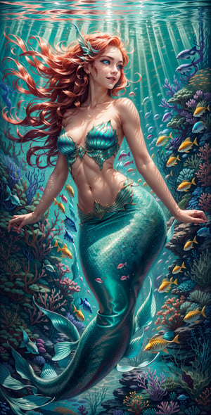 "Craft an exquisite image of a beautiful mermaid gracefully submerged in crystalline waters, her flowing iridescent tail reflecting the play of light. Surround her with an underwater tableau of stunning coral reefs, swaying aquatic plants, and a kaleidoscope of colorful fishes that weave through the aquatic tapestry, creating a mesmerizing and vibrant underwater world.",Mermaid, perfect deep blue eyes, perfect hairs, perfect face, perfect mermaid body, perfect underwater background, perfect smile, parted lips, 
