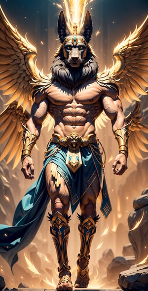 "Visualize the majestic Egyptian god Anubis with a muscular physique, his body radiating power. He stands tall with golden wings unfurled, exuding an aura of divine authority and protection."