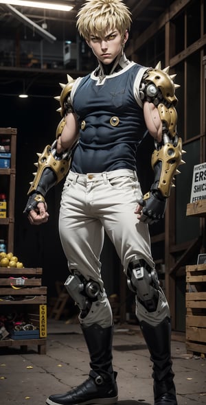 Genos(one punch man), mechanical cyborg, average human height. His face and ears look like that of a normal human, made of artificial skin, and his eyes have black sclera with yellow irises. He has spiky blond hair and his eyebrows are blond (one punch man anime)., Tank top, denim pants, full body, fighting stand