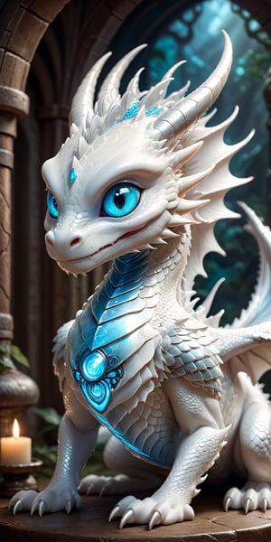 Craft an enchanting fantasy scene featuring a beautiful silver-white biometric dragon with glowing, shiny biometrical features. Imagine captivating blue eyes and impressive glass horns. Place this majestic creature in a fantasy-style background that complements its ethereal beauty, aiming for a visually striking image with intricate details and a magical atmosphere.,cute little dragon