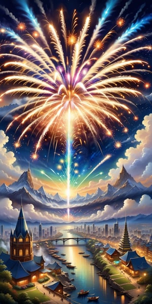 Bring to life an enchanting scene heralding the arrival of New Year 2024. Picture a panoramic view featuring a dazzling display of fireworks painting the night sky in vivid hues, lively celebrations with people rejoicing, and a backdrop that captures the essence of hope and new beginnings. Craft a visually stunning image that encapsulates the spirit of joy, anticipation, and the promise of a remarkable journey into the year 2024.,DonMDj1nnM4g1cXL 