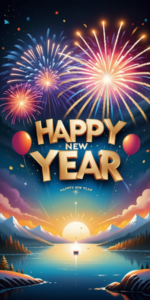 Design an exquisite Happy New Year poster that radiates joy and optimism. Incorporate the text 'Happy New Year' into a visually stunning scene, blending celebratory elements such as fireworks, vibrant colors, and symbols of festivity. Craft a beautiful poster that captures the spirit of hope and new beginnings, resonating with warmth and joy to welcome the upcoming year.