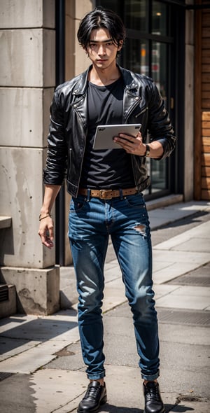  1man, golden eyes, black hair, parted lips, cool look, lite muscular body, leather jacket, denim pants, holding a tablet, 