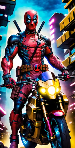 "Generate an image of Deadpool donning a state-of-the-art Hi-Tech armor suit, emitting a vibrant blue and yellow glow from within. Show him confidently riding a custom cyber motorbike in a cyberpunk style, reflecting the perfect blend of his irreverence and high-tech prowess."