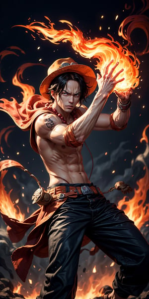 Create the iconic One Piece character, Portgas D. Ace:

"Visualize the legendary Portgas D. Ace, a prominent character from the One Piece anime. He possesses a lithe and muscular physique, reflecting his formidable strength.

Ace is clad in his signature attire, wearing a stylish hat that adds to his iconic appearance. His defining ability is his mastery over fire, and his hands should be ablaze with flickering flames, showcasing his power to manipulate fire at will.

Set him against a background of raging fire, with flames dancing in the backdrop, creating an inferno-like atmosphere. The flames should emphasize his fiery abilities and his unwavering resolve.

Capture this image to pay homage to Portgas D. Ace's character, showcasing his powerful presence and his association with the element of fire, a central theme in his story arc within the One Piece series." ((Perfect face)), ((perfect hands)), ((perfect body)), [perfect image of Portgas D. Ace(one piece anime character)]