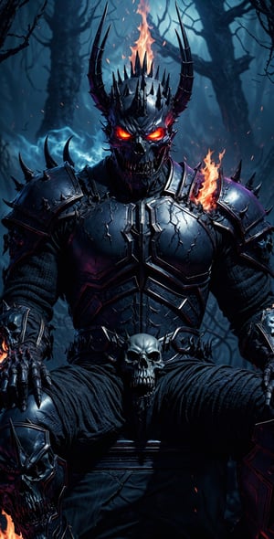  a perfect scary image of a dark and malevolent fire king:

"Generate a spine-chilling and nightmarish visual representation of a sinister and malevolent Dark fire King. This malevolent figure possesses a skull-like face with sunken, hollow eyes that burn with a malevolent, glowing red light. His smile is twisted with pure evil.

The Dark fire King is clad in a dark and rugged suit of armor that exudes an aura of dread and malevolence. Dark smoke billows ominously from his very being, creating an eerie and unsettling atmosphere around him.

In his powerful grasp, he holds a dark demon sword with an eerie black aura that seems to consume all light. The sword is a symbol of his malevolent power and authority.

Seated upon a throne crafted from the bones of the fallen, the Dark fire King radiates a sense of dread and dominance. The throne itself is an ominous testament to his reign of terror.

The background is engulfed in an eerie, purplish flame that casts eerie shadows and adds to the haunting ambiance.

This image captures the essence of a terrifying and formidable Dark fire King, a figure of darkness and fear." (Flame, fire body), photographic cinematic super super high detailed super realistic image, 8k HDR super high quality image, masterpiece, ((he wearing fire armour)),Elemental