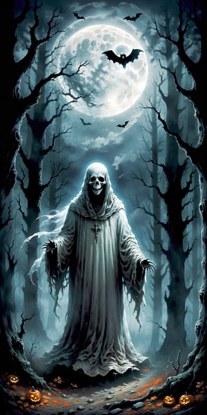 Envision a spine-chilling scene with a scary, sinister ghost in a dark ghostly forest under a full moon. Request a detailed depiction of the ghost against a dark background, capturing an atmosphere of dread and mystery. Emphasize the spectral features of the ghost and the haunting elements of the forest, creating a Halloween-style image that sends shivers down the spine