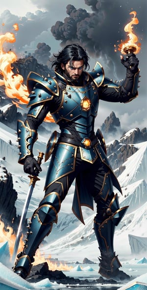 Create an image of a warrior donning leather armor that accentuates his lithe yet muscular form. His stance exudes readiness as he grips a shield and sword, prepared for battle. His spiky black hair adds a touch of wildness to his look, while his aqua blue eyes gleam with intensity. The air around him crackles with both fire and ice magic, his outstretched hand emanating flames and frost. His sword, an embodiment of magical prowess, gleams with enchantment. Capture the fusion of fire and ice elements in the surrounding environment to amplify the visual impact.",Science Fiction,luxtech